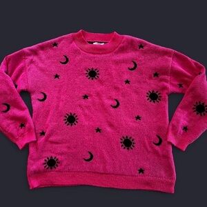 No Boundaries Fuchsia Graphic Knit Sweater with Black Celestial Pattern